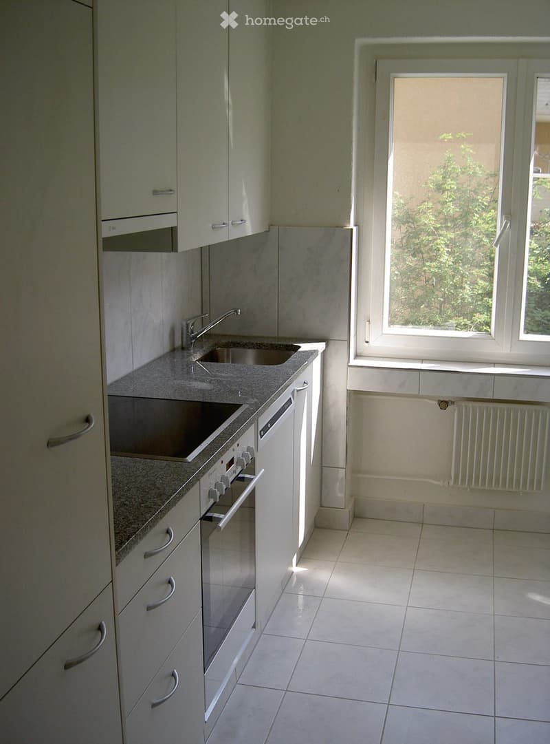 Modern kitchen with white cabinets, granite countertop, sink, oven, dishwasher, and a window overlooking greenery.