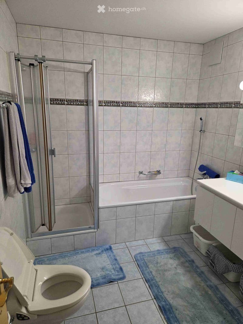 Bathroom with tiled walls and floor, featuring a toilet, bathtub, sink, towels, and bathmats.