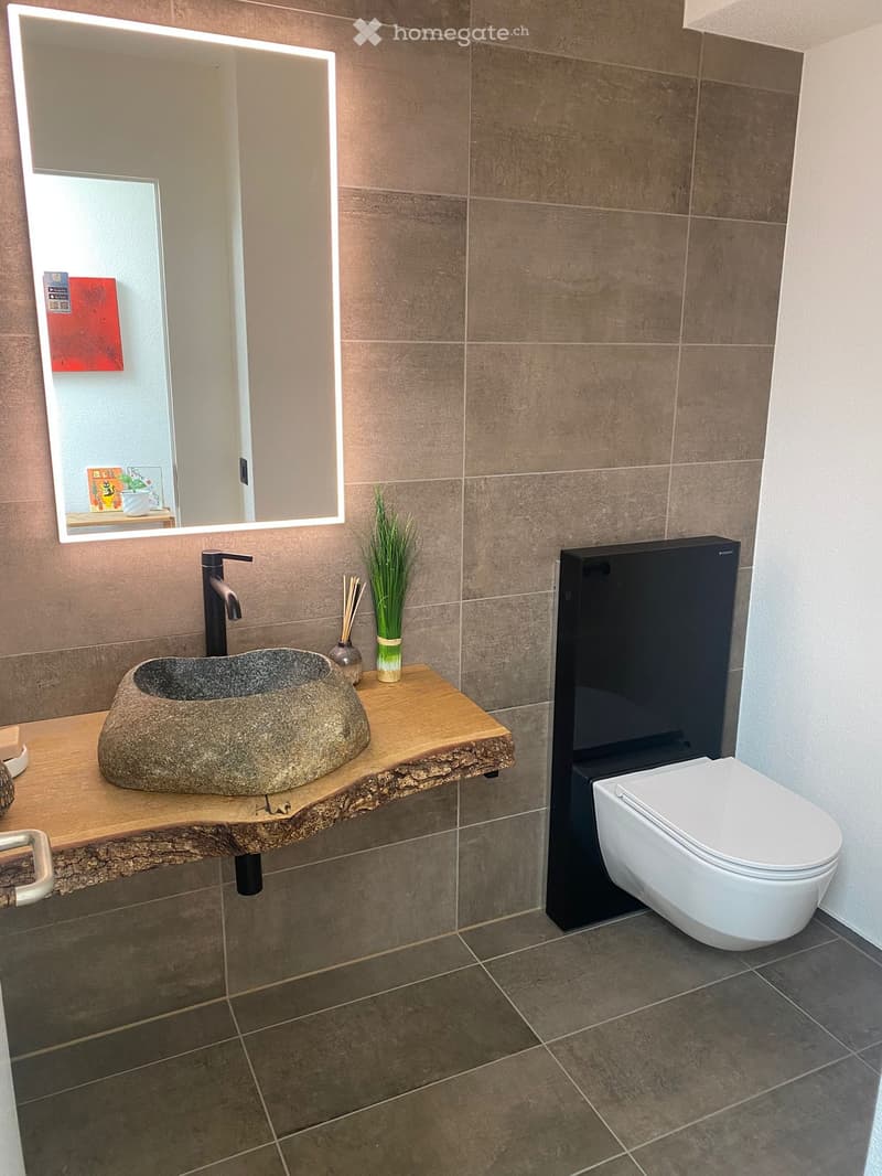 Modern bathroom with a stone sink, sleek faucet, toilet, and a large mirror with LED lighting. Includes decorative vase and small items on the sink counter.