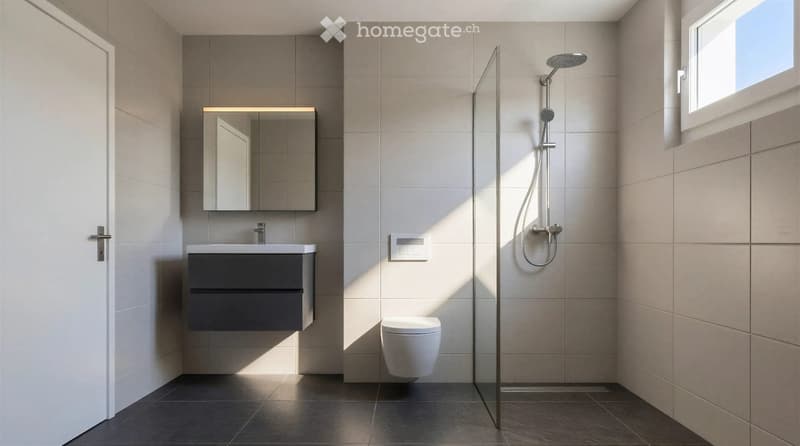 Modern bathroom with a sink, mirror, toilet, and shower. Features tiled walls and floor, a glass shower enclosure, and a sleek vanity with storage.