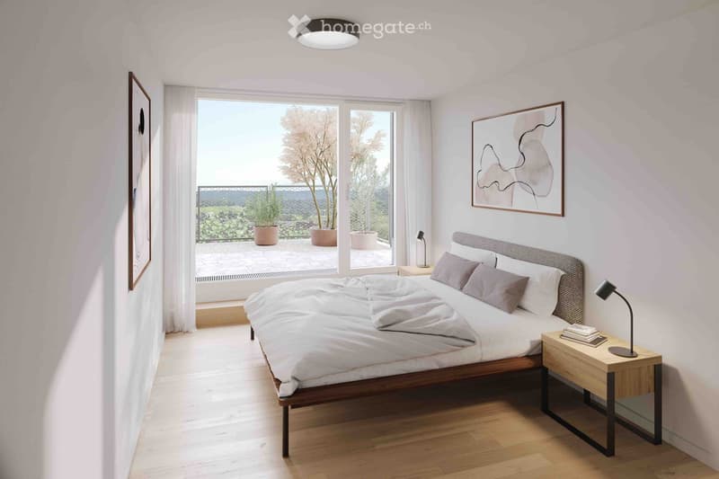 Modern bedroom with a wooden bed, nightstand, lamp, and artwork on the walls. Large windows open to a balcony with potted plants.