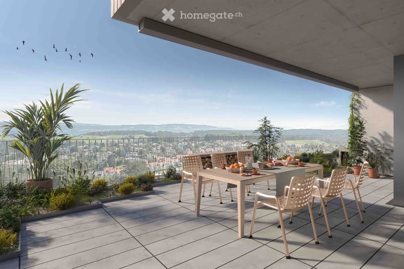 Balcony with tiled floor, modern furniture including a table and chairs, potted plants, and a scenic view of the countryside.