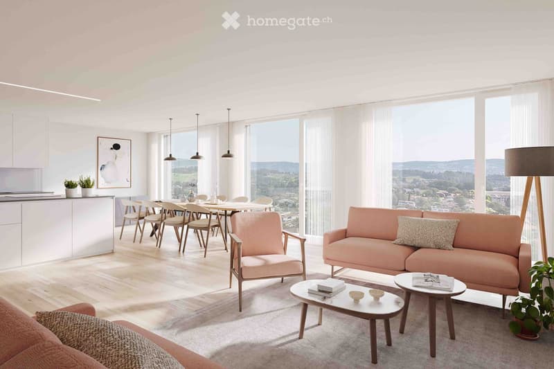 Modern living and dining area with large windows offering a scenic view, featuring a pink sofa, armchair, coffee tables, dining table with chairs, pendant lights, and decorative items.