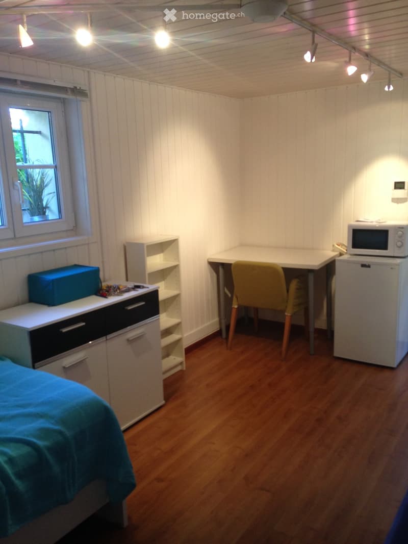 Small room with a bed, desk, and shelves.