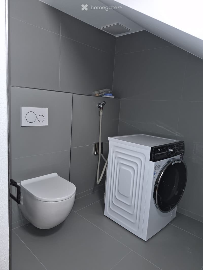 Modern bathroom with a toilet and a washing machine, grey tiled walls and floor, sleek design.