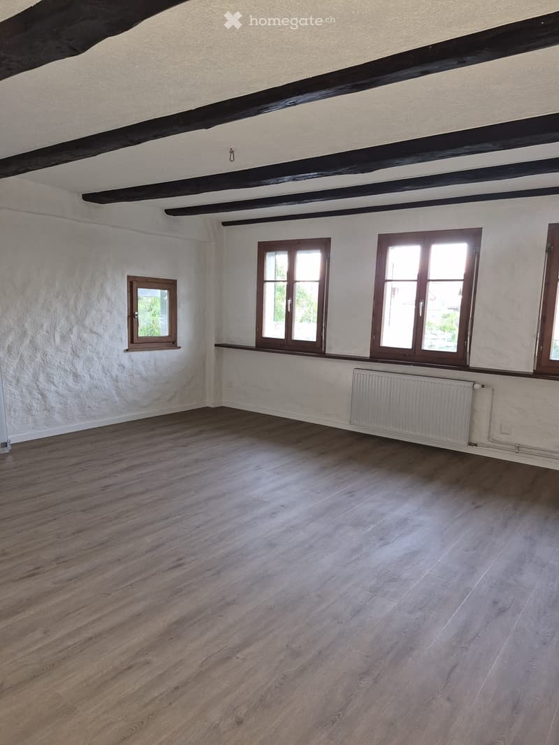Empty room with wooden flooring, white walls, exposed wooden beams on the ceiling, and multiple windows with brown frames. A radiator is visible under one window.