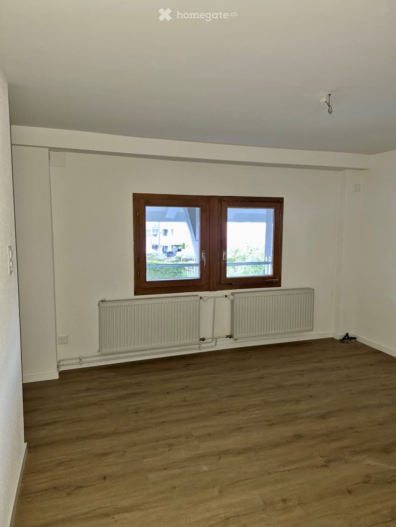 Empty room with wooden flooring, white walls, and a large window with wooden frames. A radiator is mounted below the window.