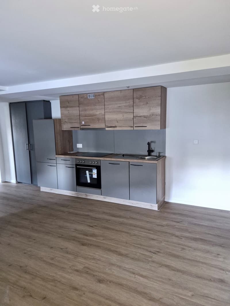 Modern kitchen with wooden and grey cabinets, stainless steel appliances, and a wooden floor.