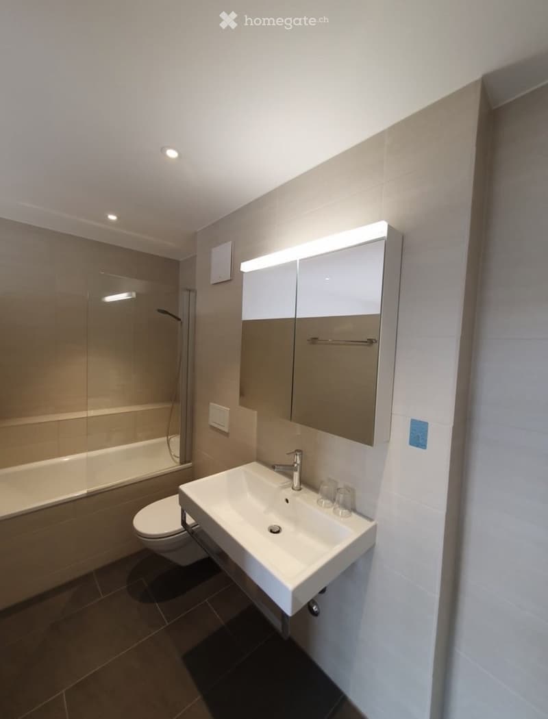Modern bathroom with a white sink, chrome faucet, mirrored cabinet, toilet, bathtub, and glass-enclosed shower area.