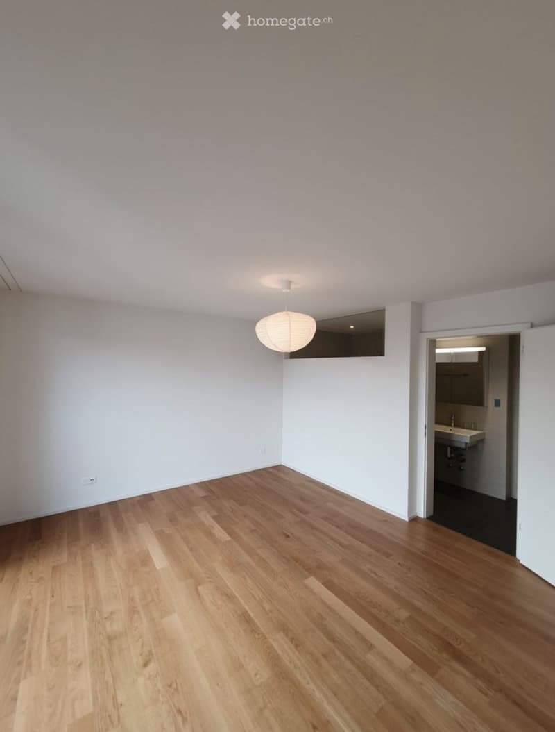 Empty room with light wooden flooring, white walls, and a hanging light fixture. An open doorway leads to a small bathroom with a sink and mirror.