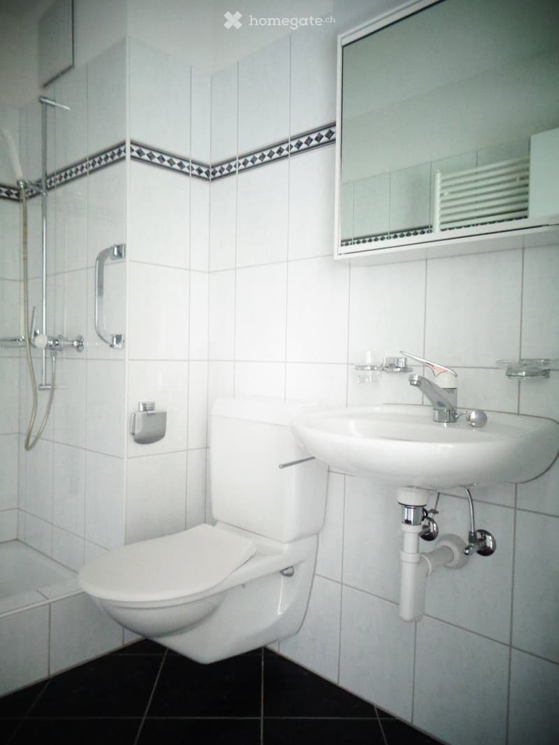 Modern bathroom with white tiles, black floor, toilet, sink, mirror, and shower handle.