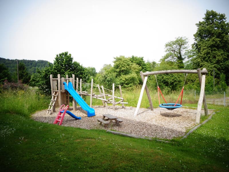 Playground area with a blue slide, red ladder, swings, wooden climbing frame, and picnic table surrounded by gravel and grass.