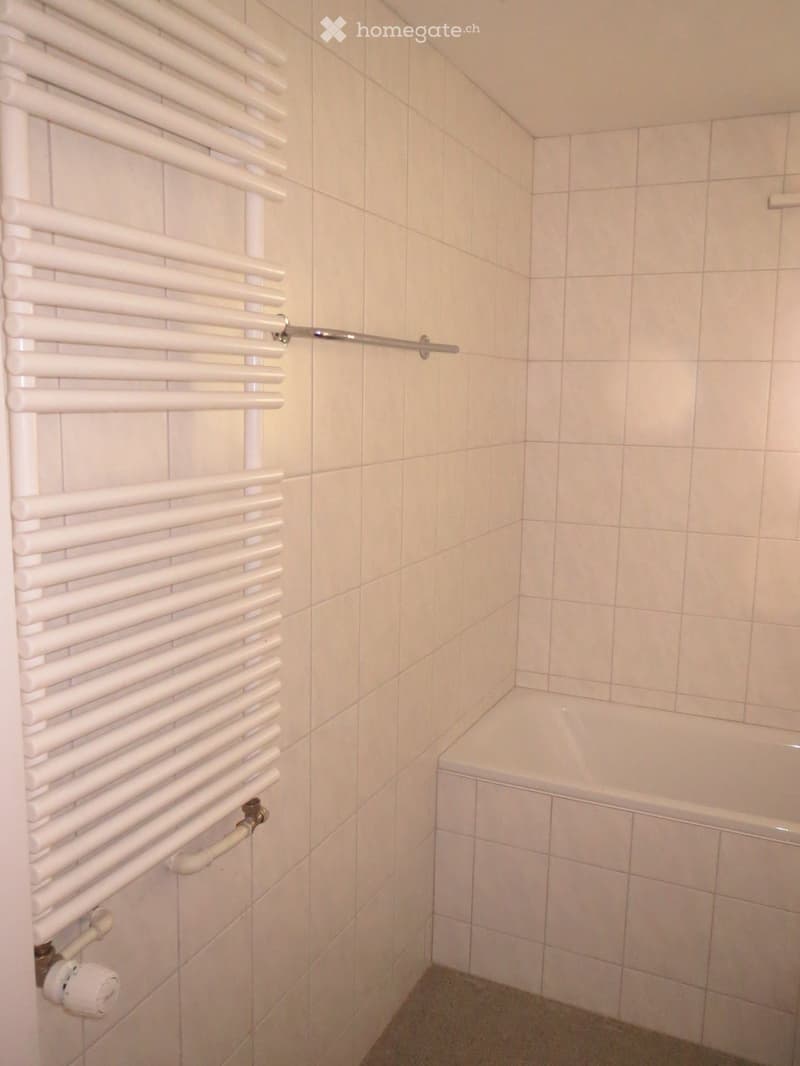 white tiled walls, bathtub, towel radiator