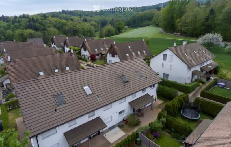 Aerial view of a residential area with multiple houses featuring brown tiled roofs and white walls, surrounded by green fields and trees.
