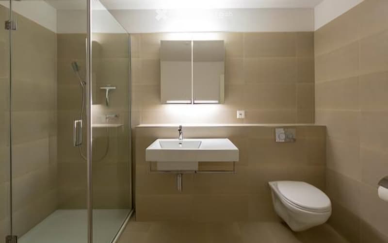 Modern bathroom with a white sink, toilet, mirror, and glass-enclosed shower. Light-colored tiles and sleek fixtures.