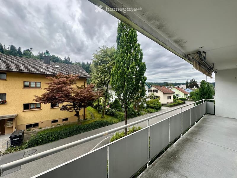 Balcony overlooking a residential area with houses, trees, and a garden below.