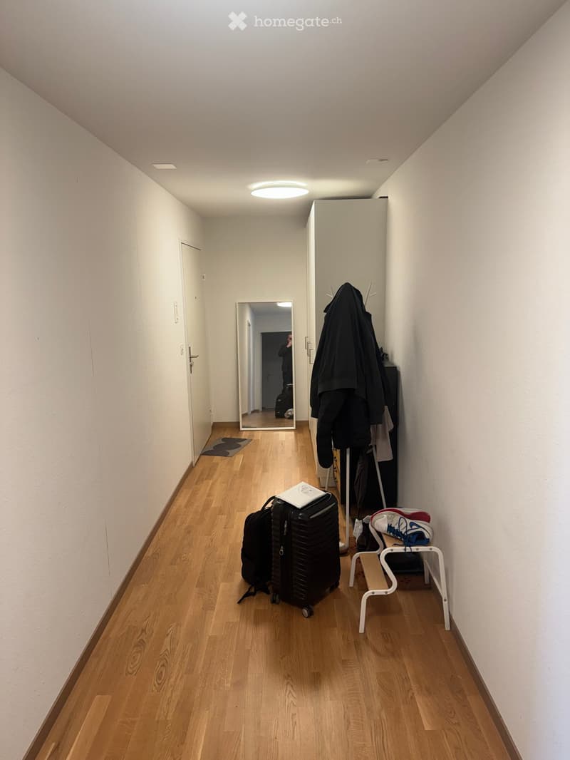A narrow hallway with wooden flooring, white walls, and a round ceiling light. A mirror, coat rack, and a small bench with shoes are visible.