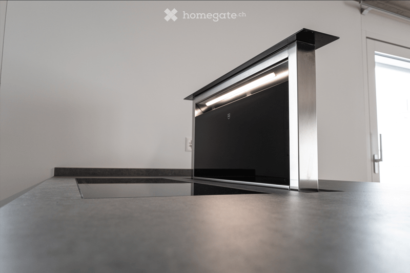 Modern kitchen with a built-in stainless steel dishwasher, sleek countertop, and bright lighting.