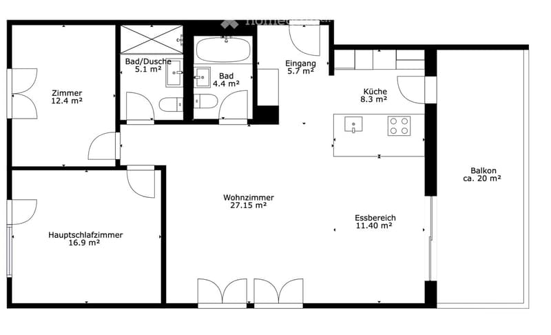 Floor plan of a 2-room apartment with a living room, bedroom, kitchen, two bathrooms, and a balcony.