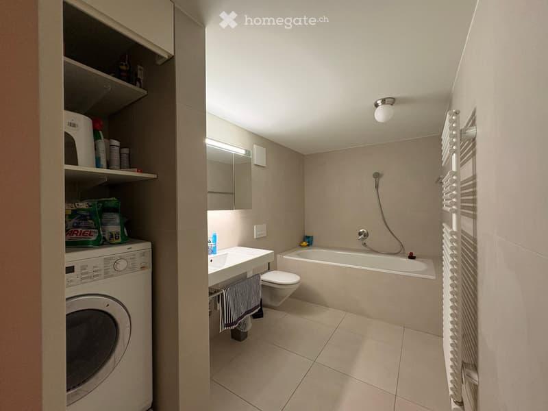 Modern bathroom with a sink, toilet, bathtub, washing machine, and a towel rack. Shelves hold cleaning supplies and other items.