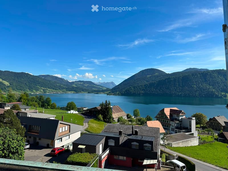 View of a residential area with houses, parked cars, and a lake surrounded by mountains in the background.