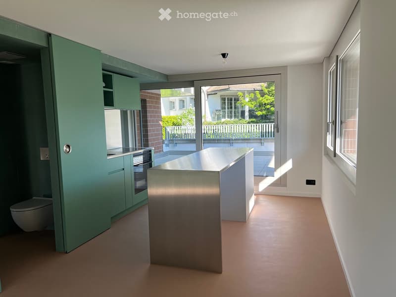 Modern kitchen with green cabinets, stainless steel island, and a toilet in the corner. Large windows and sliding doors lead to a balcony.