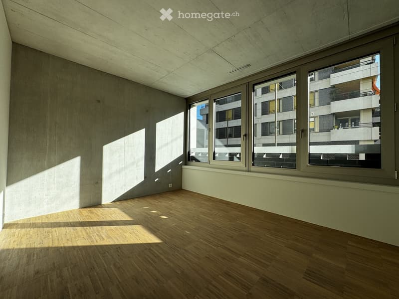 Empty room with wooden flooring, large windows, and concrete walls. Sunlight streams in, casting shadows on the floor.
