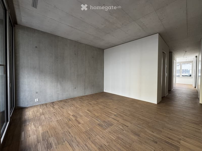 Empty hallway with wooden flooring, white and grey walls, and large windows at the end.