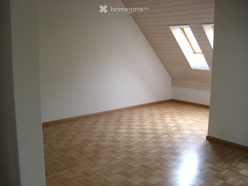 Empty attic room with wooden floor and slanted ceiling, featuring two skylight windows allowing natural light.