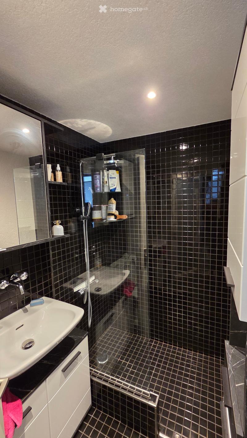 Modern bathroom with black tiled walls, a white sink with a chrome faucet, a large mirror, a glass-enclosed shower with a built-in shelf, and a bathtub. The floor is tiled in a dark pattern, and a pink towel is visible on the cabinet.