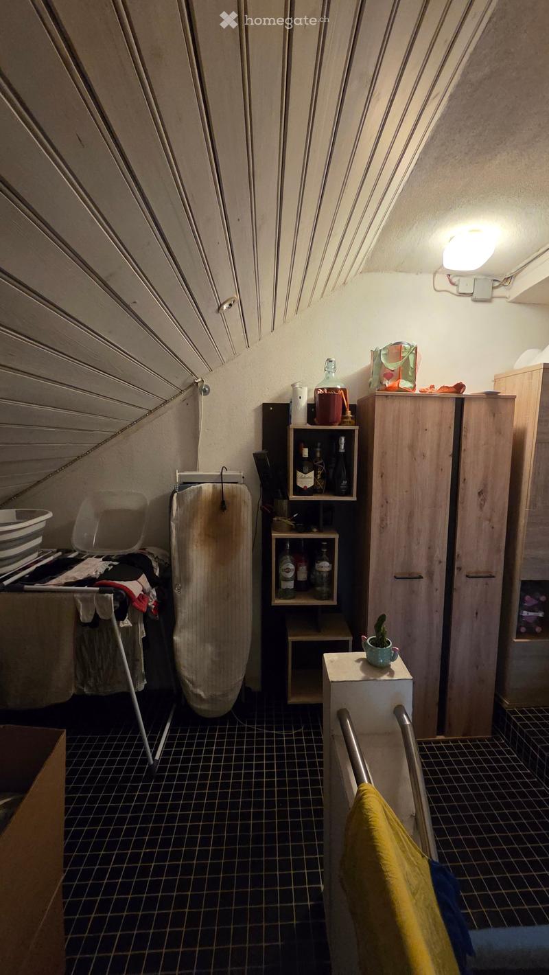 Small attic room with slanted ceilings, tiled floor, washing machine, wooden cupboard, shelf with bottles, small stool with a potted plant, and a chair.