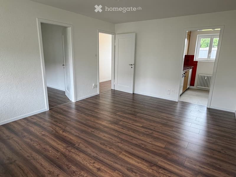 Empty room with wooden flooring, white walls, and multiple doors leading to other spaces.