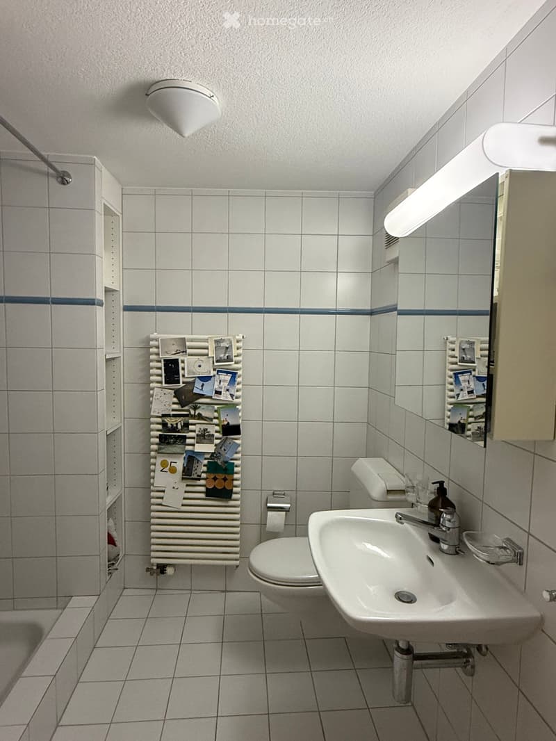 Bathroom with white tiles, a toilet, a sink with a mirror, a radiator with photos, and a shower area with a glass door.