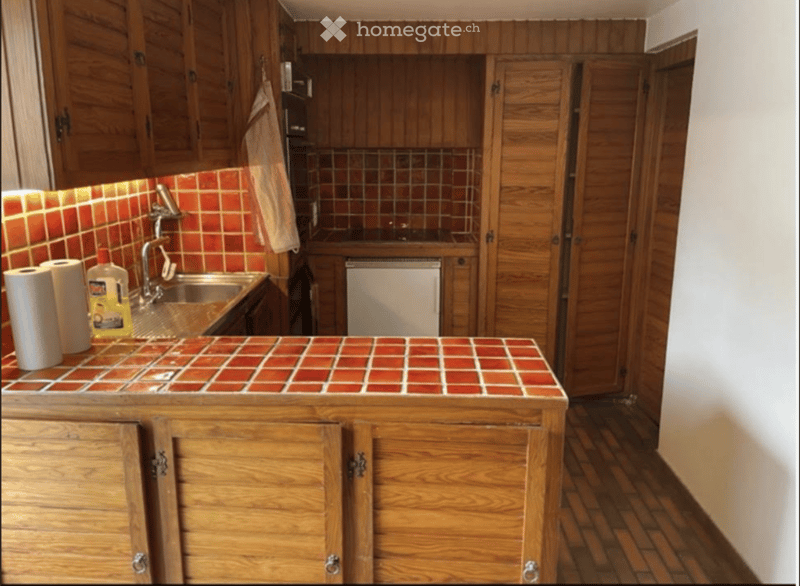 A small kitchen with wooden cabinets, a red-tiled backsplash, a sink with a faucet, and a countertop with paper towels and a cleaning bottle. A refrigerator is visible in the background.