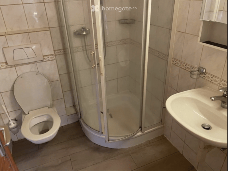 Bathroom with a toilet, sink, and a glass-enclosed shower stall. The walls are tiled with a decorative border, and the floor is tiled.