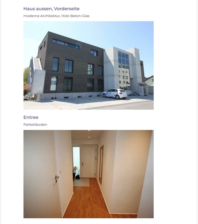 Modern multi-story house with grey and white facade, large windows, and a small parking area. The entrance features a parquet floor and white walls.