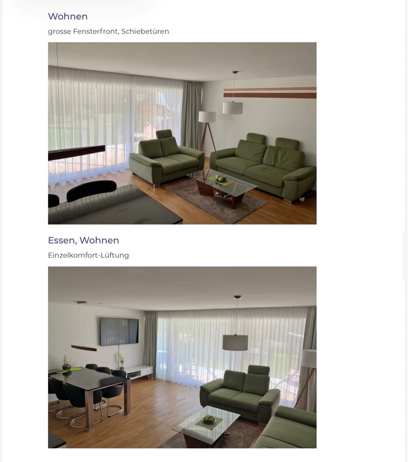 Modern living and dining area with large windows, green sofas, glass coffee table, dining table with chairs, and a television.
