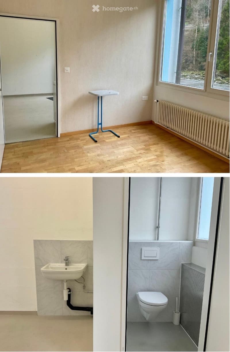 Top: unfurnished room with wooden flooring, radiator, small table, and large window. Bottom: bathroom with sink, toilet, and tiled walls.