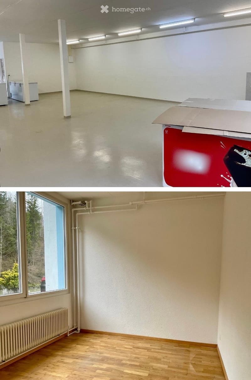 Two unfurnished rooms shown: one with a concrete floor and white walls, and another with wooden flooring and a radiator. Both rooms are empty with no furniture or equipment.