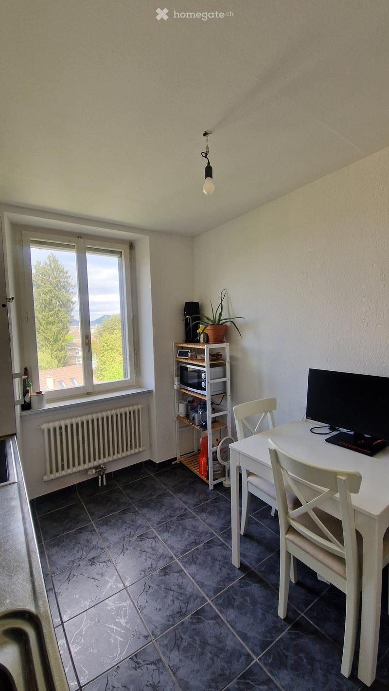 A small, furnished room with a white table and chairs, a computer screen, a shelf with a microwave, a fan, and a potted plant. The room has a window with a view of trees and a radiator below it.