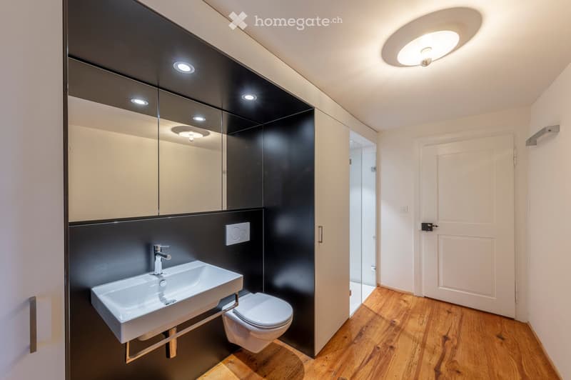 Modern bathroom with a white sink, toilet, large mirror, and dark black wall panels. The floor is wooden, and the ceiling has recessed lighting.