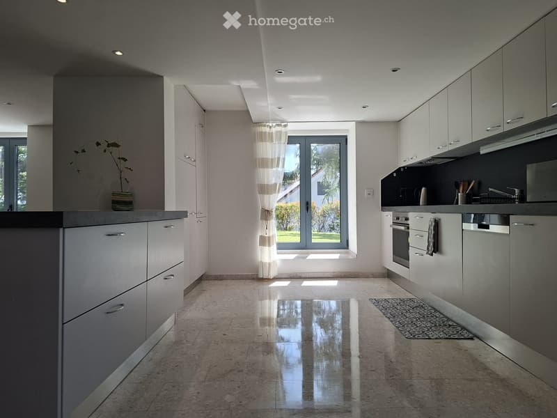 Modern kitchen with light grey cabinets, stainless steel appliances, a large island, and a sliding glass door leading to a garden.