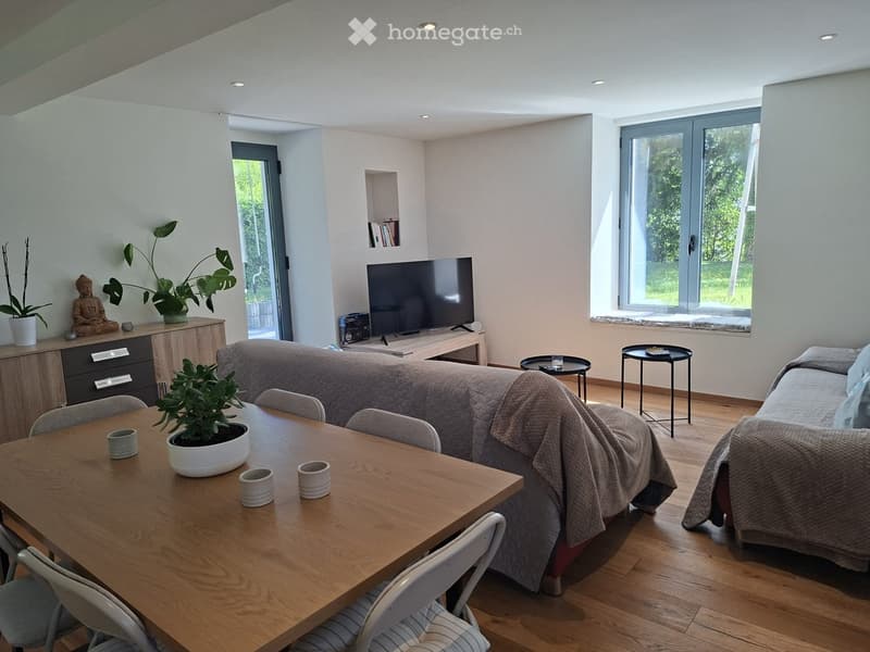 Modern living room with a sofa, coffee table, dining table, chairs, TV, and decorative plants.