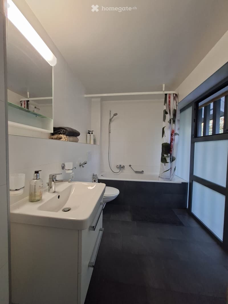 Modern bathroom with a sink, toilet, bathtub, and shower. Features a large mirror with shelves, a towel, and a soap dispenser on the sink counter.