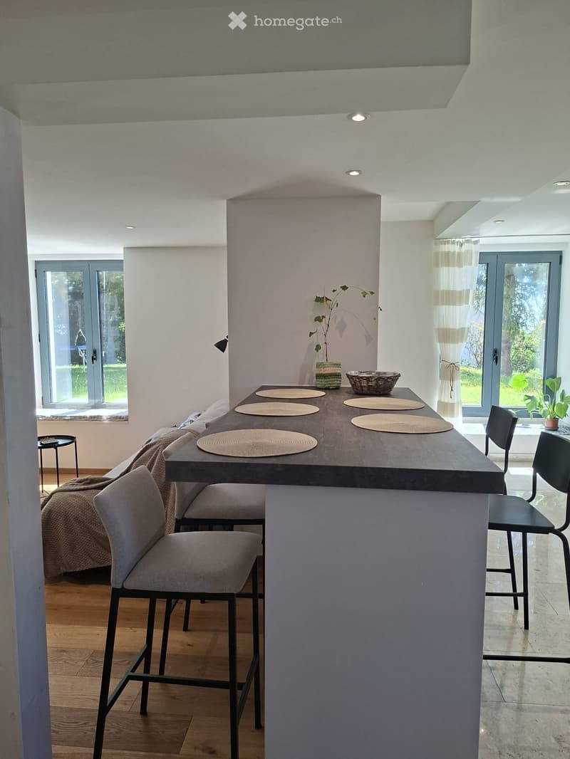 Modern living space with a long dining table, chairs, stools, a sofa, and decorative plants. Large windows and sliding doors lead to a garden.