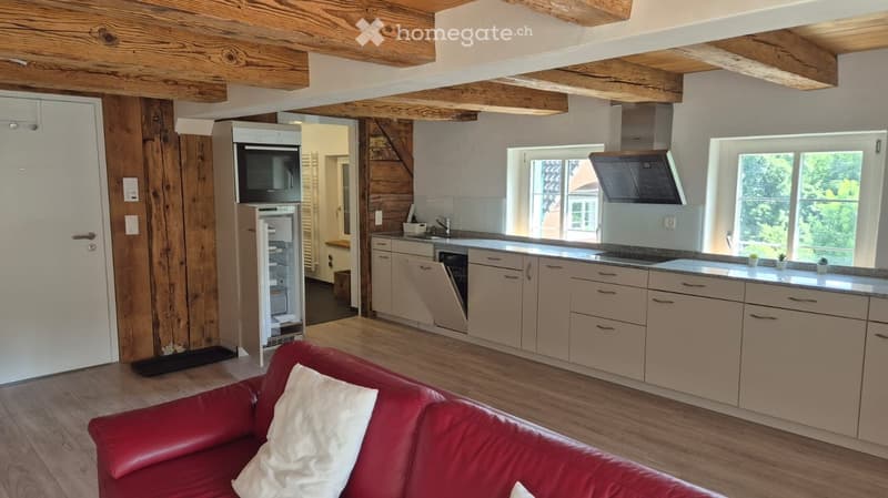 Open-plan living and kitchen area with exposed wooden beams, a red leather sofa, modern kitchen cabinets, and appliances including a refrigerator, microwave, and dishwasher.