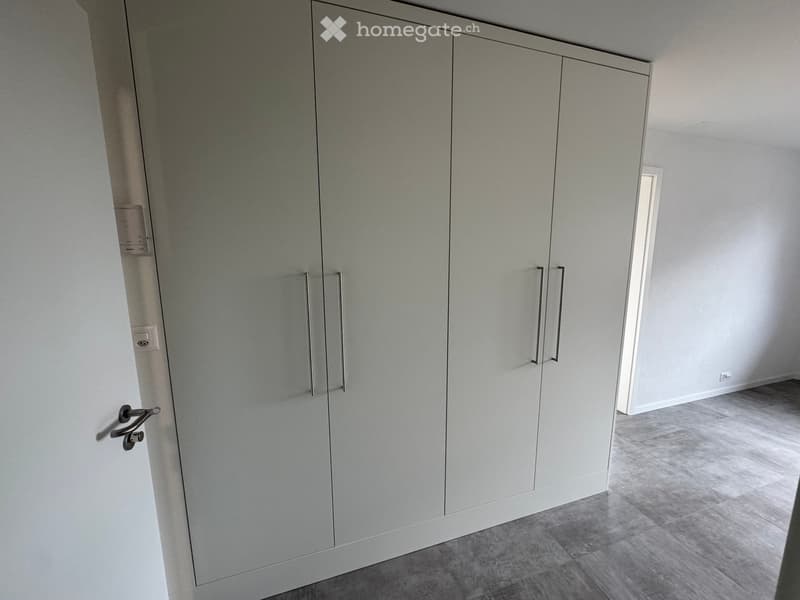 Empty room with light grey walls, grey tiled floor, large built-in wardrobe with silver handles, and a small open doorway leading to another space.