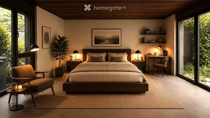 Modern bedroom with a large bed, nightstands, a wooden chair, a desk, and shelves with books and decorative items. Large windows offer a view of greenery.