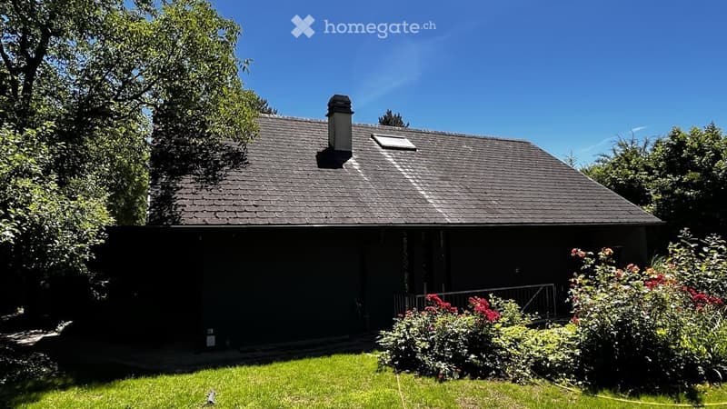 Single-story house with a dark shingled roof, chimney, and skylight, surrounded by a well-maintained lawn and flowering bushes.
