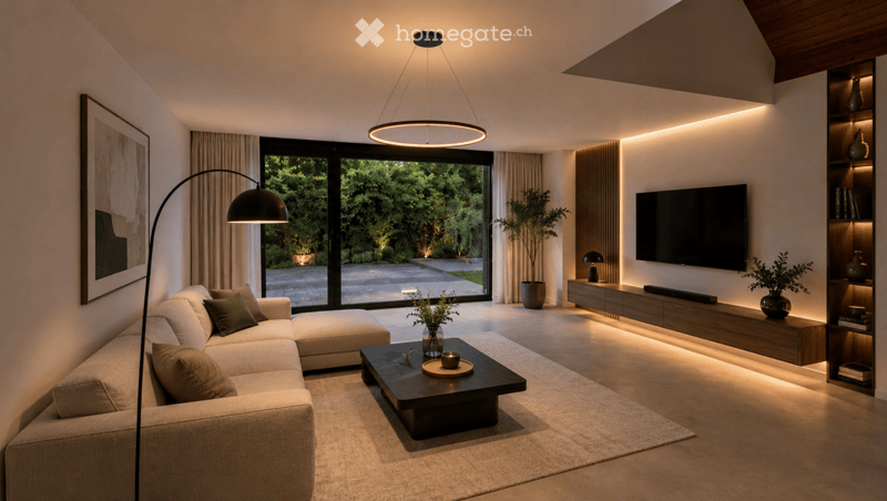 Modern living room with large windows, a sectional sofa, coffee table, floor lamp, TV, and built-in shelving with decorative items.